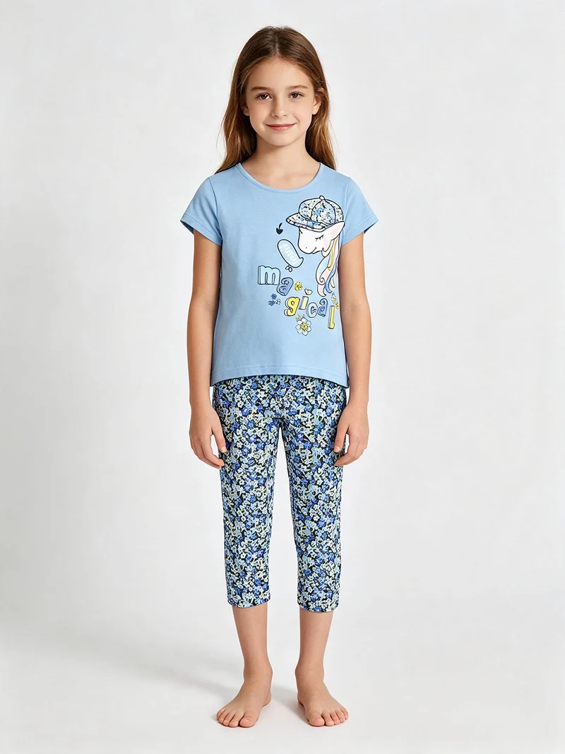 Completo da bambina con t-shirt e leggings fiorati a 3/4 - blu