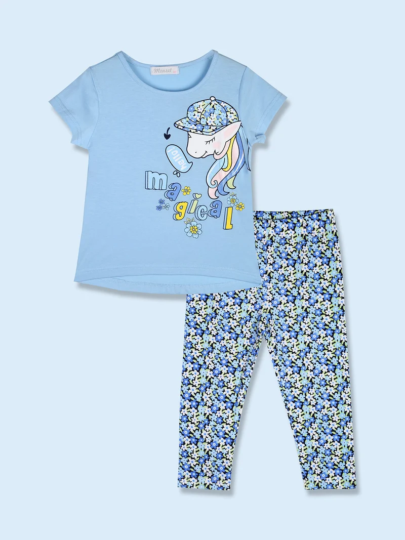 Completo da bambina con t-shirt e leggings fiorati a 3/4 - blu