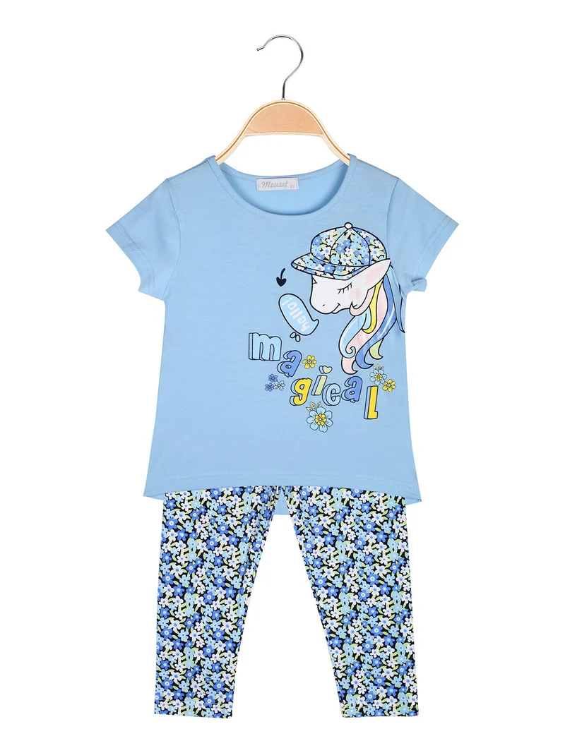 Completo da bambina con t-shirt e leggings fiorati a 3/4 - blu