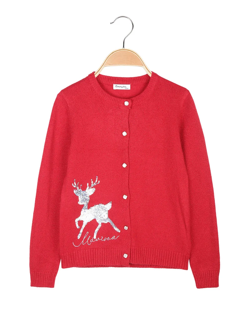 Cardigan da bambina in maglia lurex con bottoni di perle - rosso