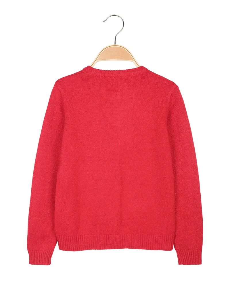 Cardigan da bambina in maglia lurex con bottoni di perle - rosso