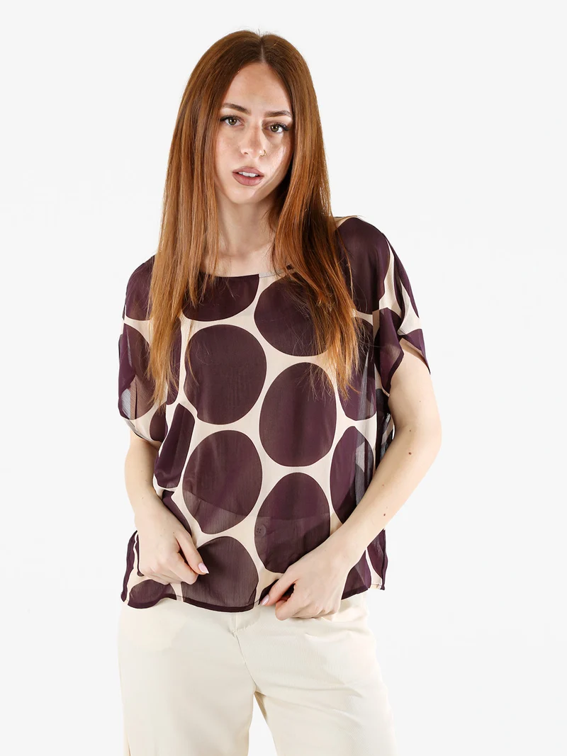 Blusa donna velata senza maniche con stampa a cerchi - viola