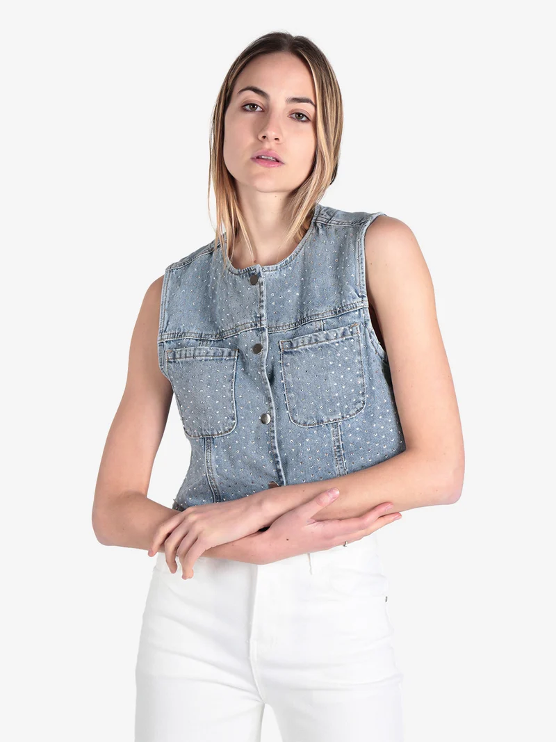 Gilet donna in jeans con strass - jeans