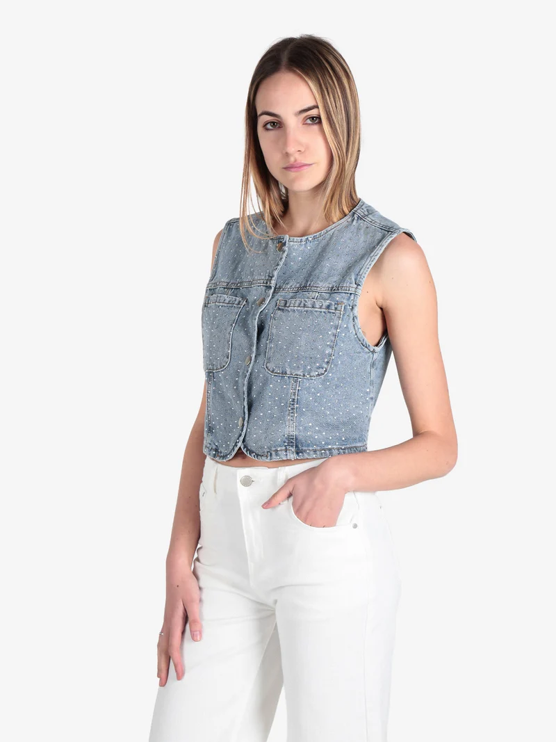 Gilet donna in jeans con strass - jeans
