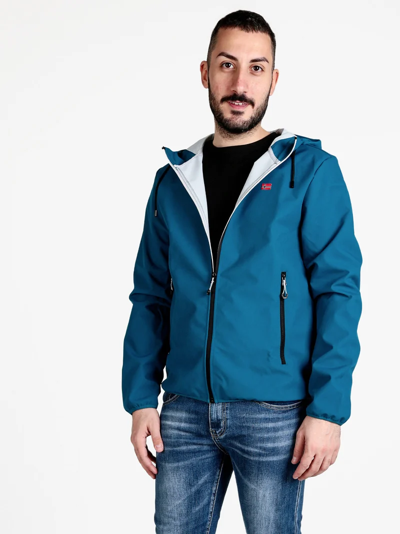 Giacca a vento da uomo impermeabile con cappuccio e zip - turchese