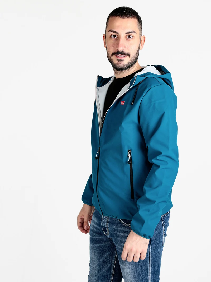 Giacca a vento da uomo impermeabile con cappuccio e zip - turchese