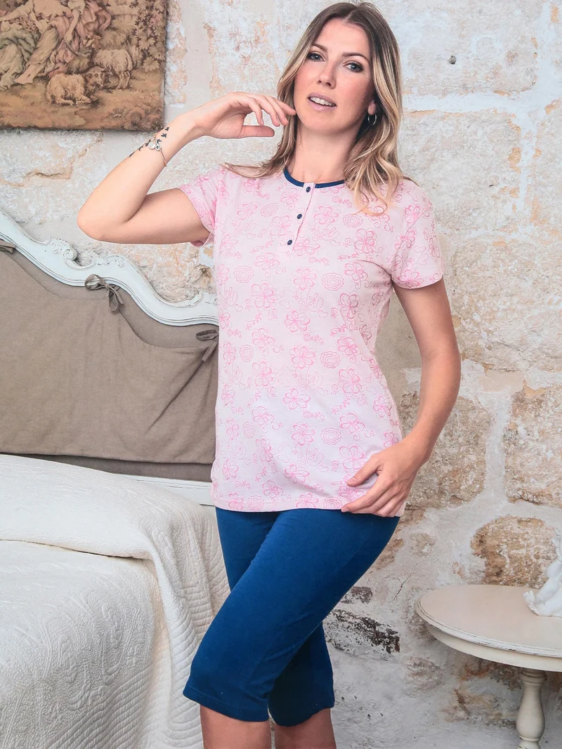 Pigiama corto da donna in cotone con pinocchietto - rosa