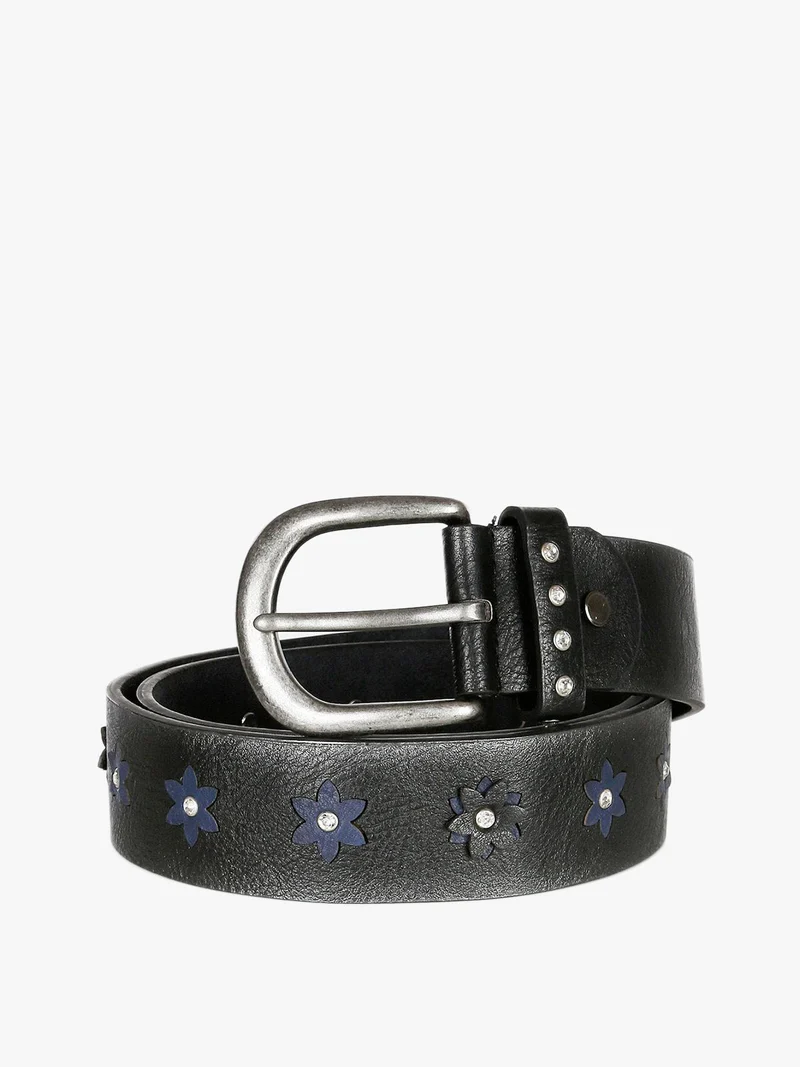 Cintura in pelle con fiori e strass - blu scuro