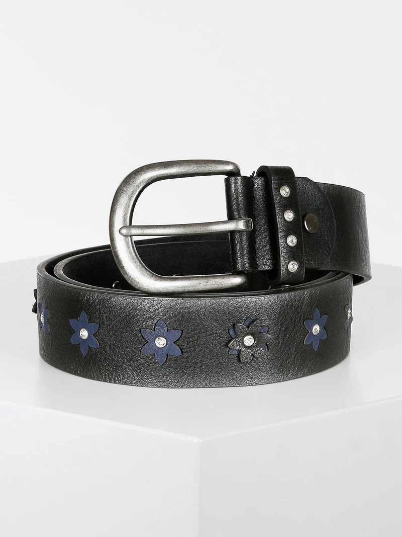 Cintura in pelle con fiori e strass - blu scuro