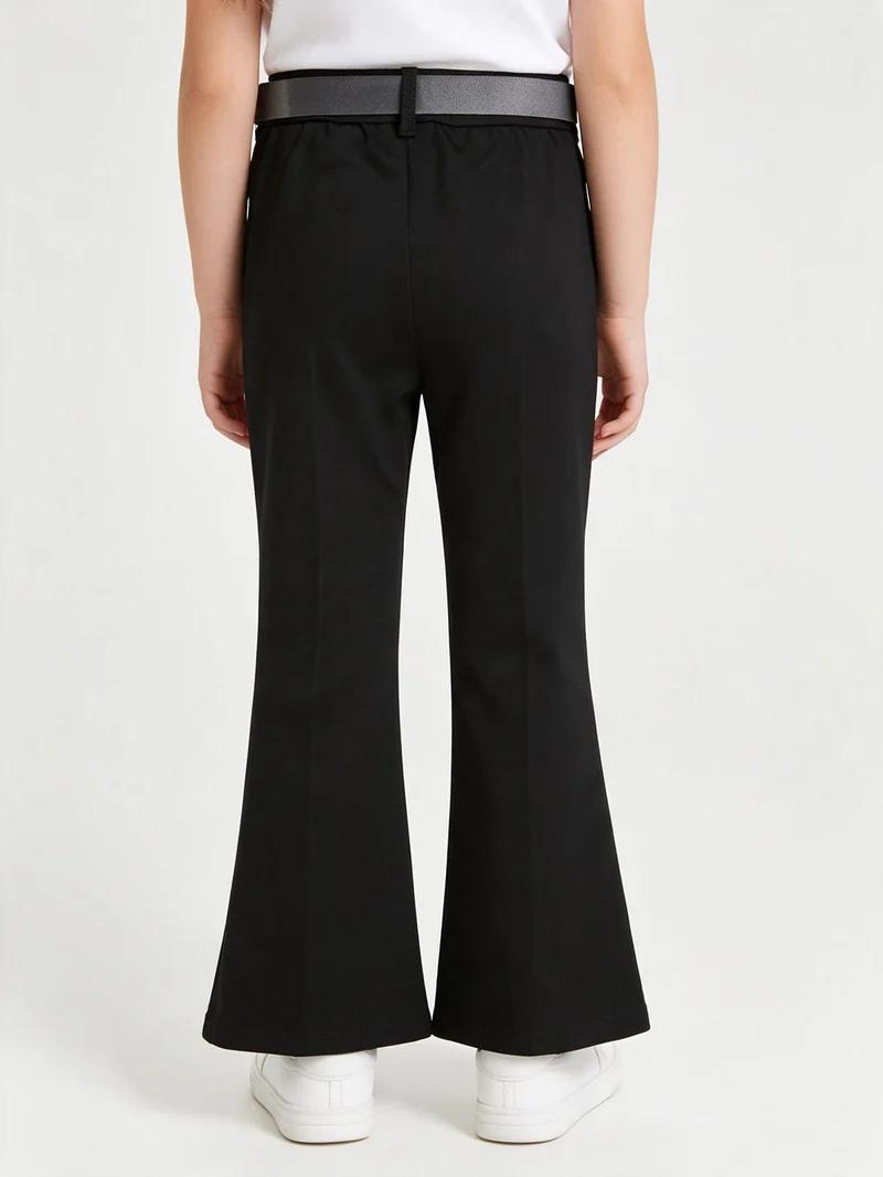 Pantaloni eleganti da bambina a zampa con cintura - nero