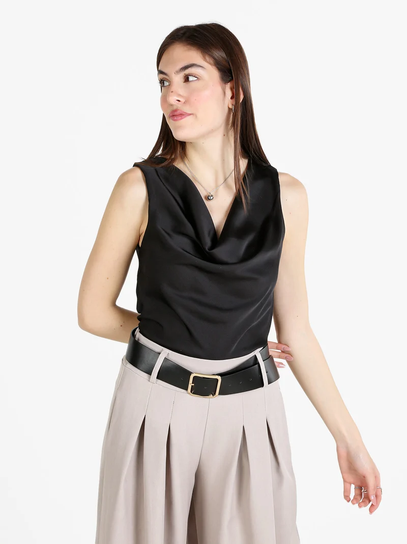 Top donna in raso con scollo a cascata - nero