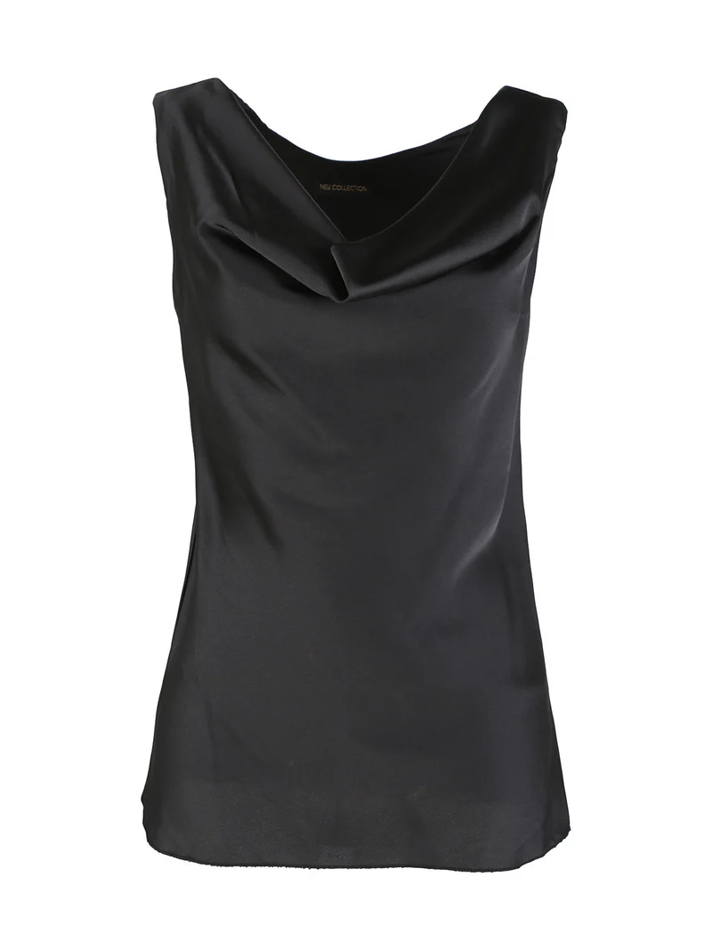 Top donna in raso con scollo a cascata - nero
