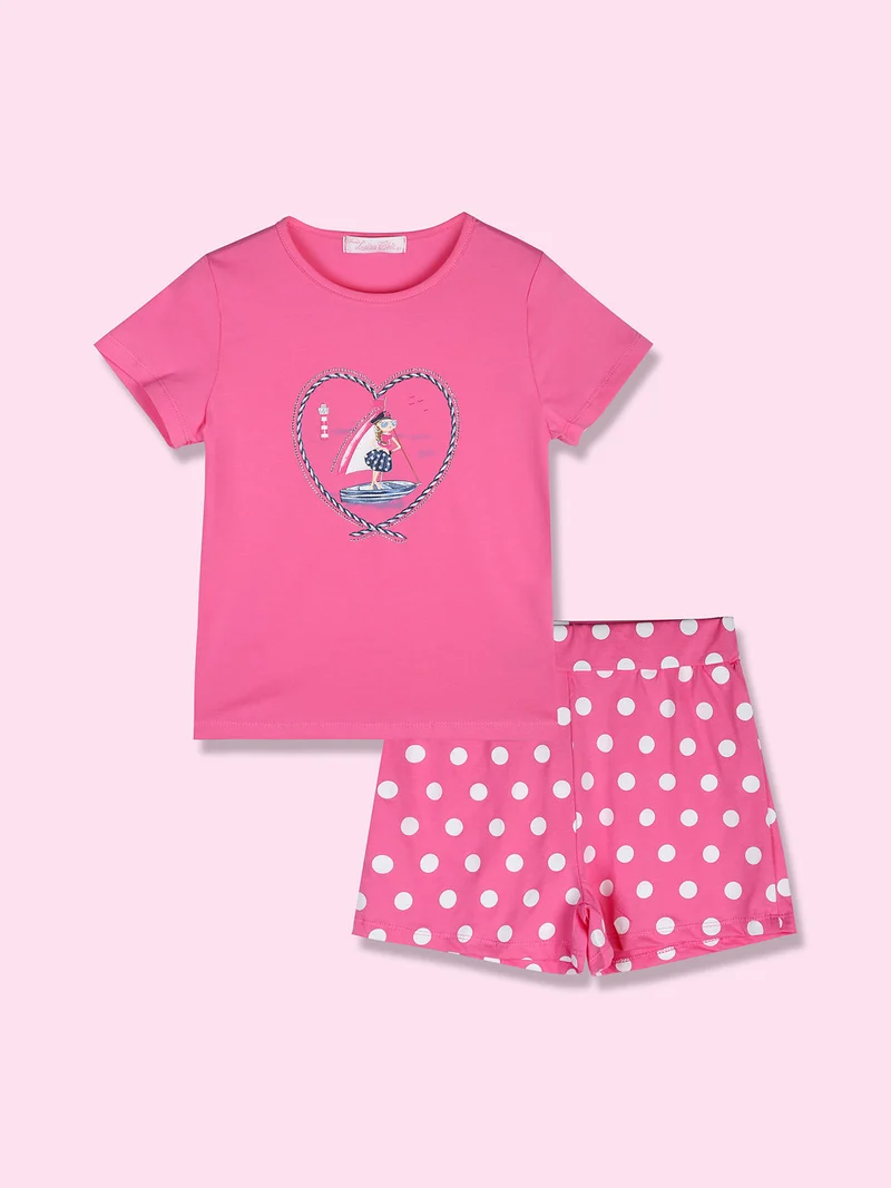 Completo corto da bambina con t-shirt e shorts a pois - fucsia