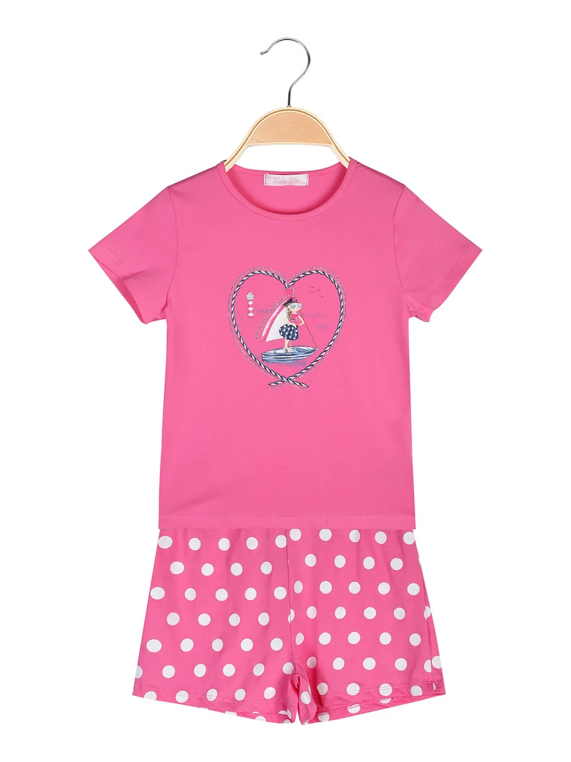 Completo corto da bambina con t-shirt e shorts a pois - fucsia