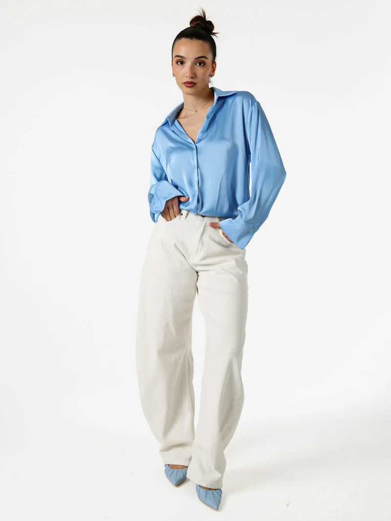 Camicia da donna effetto raso a maniche lunghe - azzurro