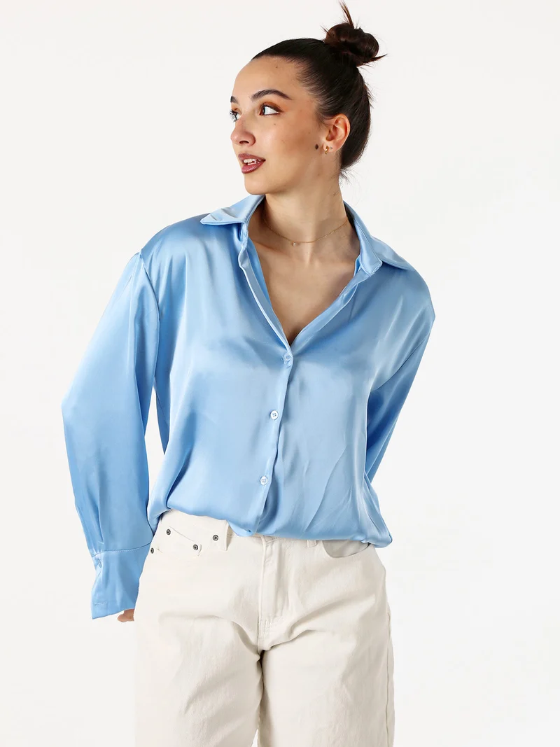 Camicia da donna effetto raso a maniche lunghe - azzurro