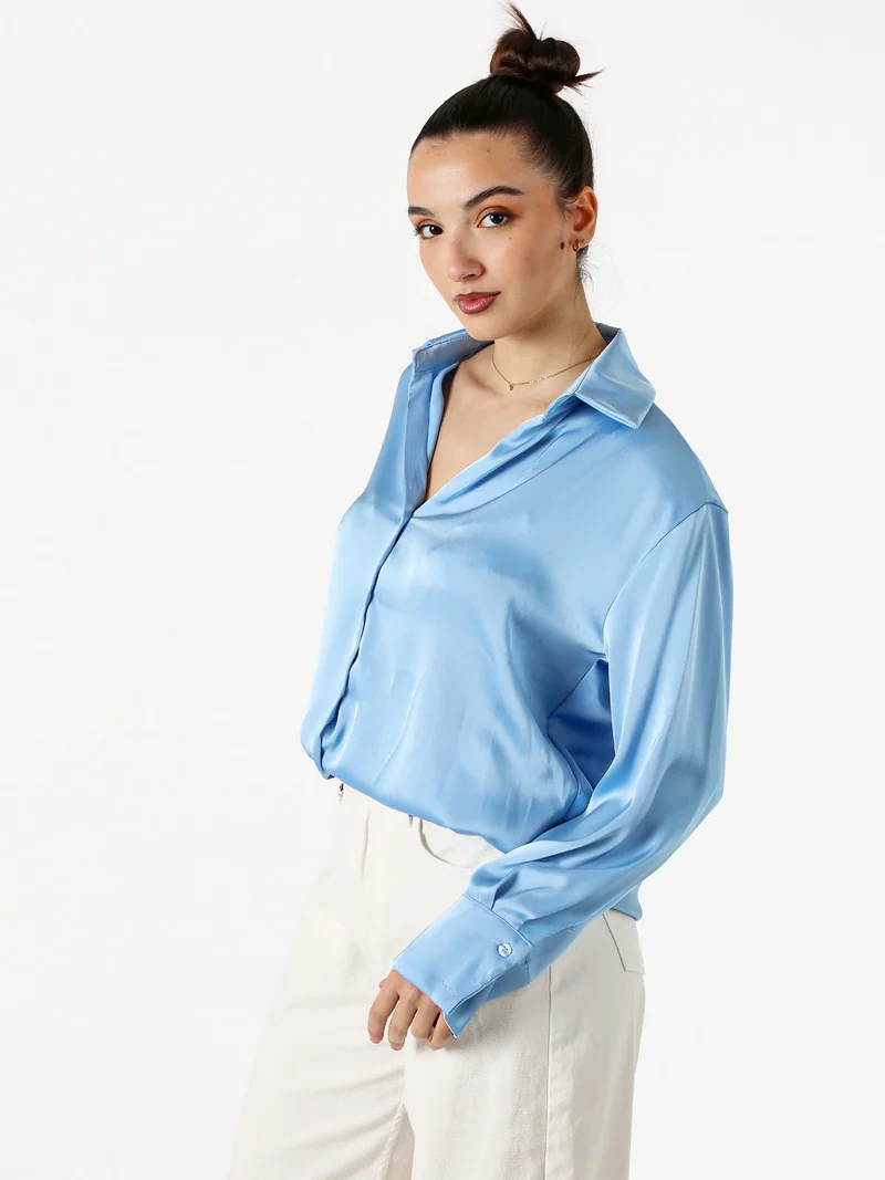 Camicia da donna effetto raso a maniche lunghe - azzurro
