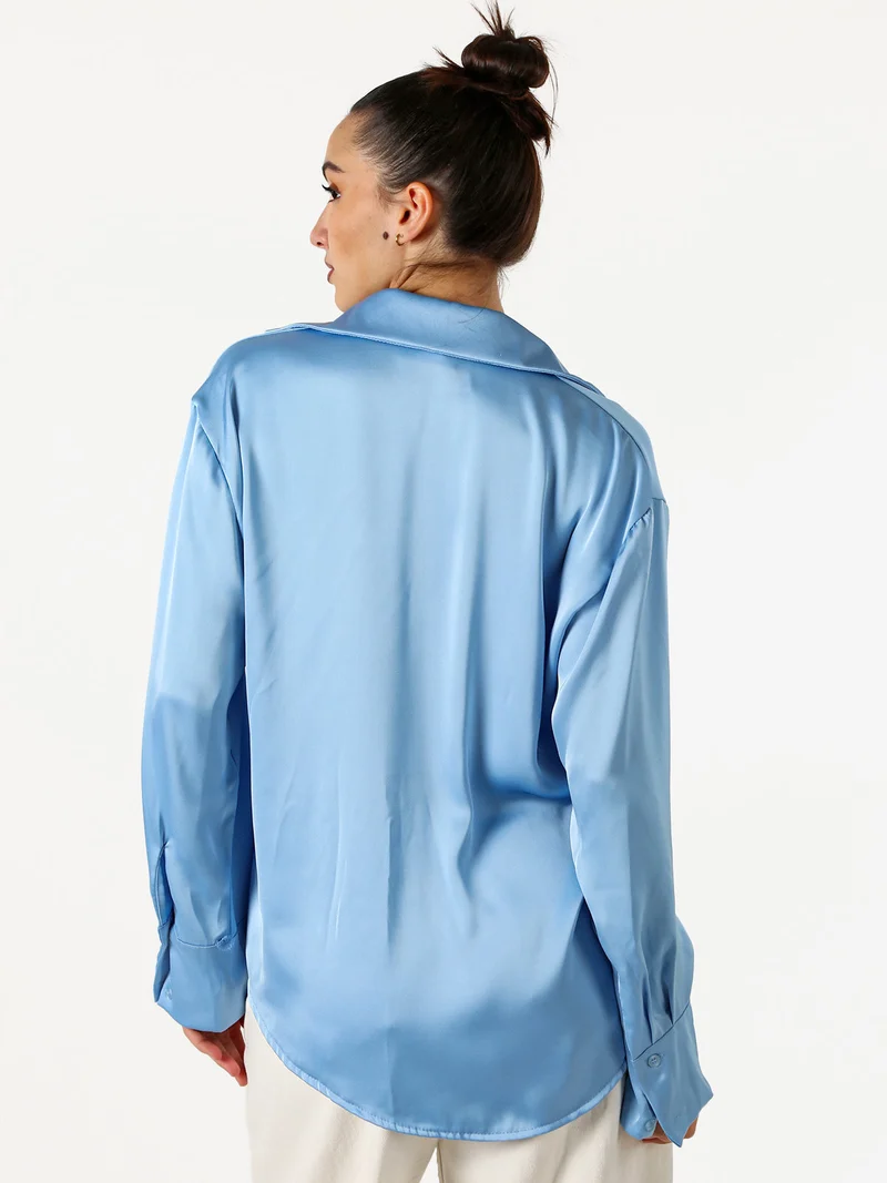 Camicia da donna effetto raso a maniche lunghe - azzurro
