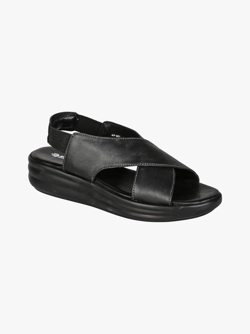 Sandali in pelle da donna con cinturino elastico e zeppa - nero