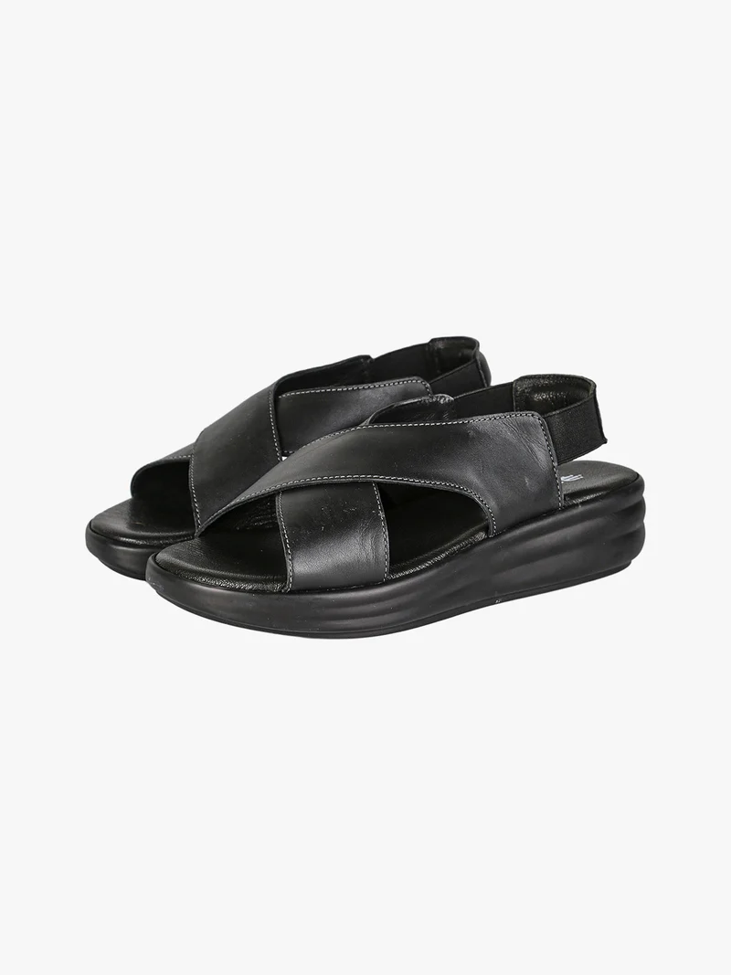 Sandali in pelle da donna con cinturino elastico e zeppa - nero