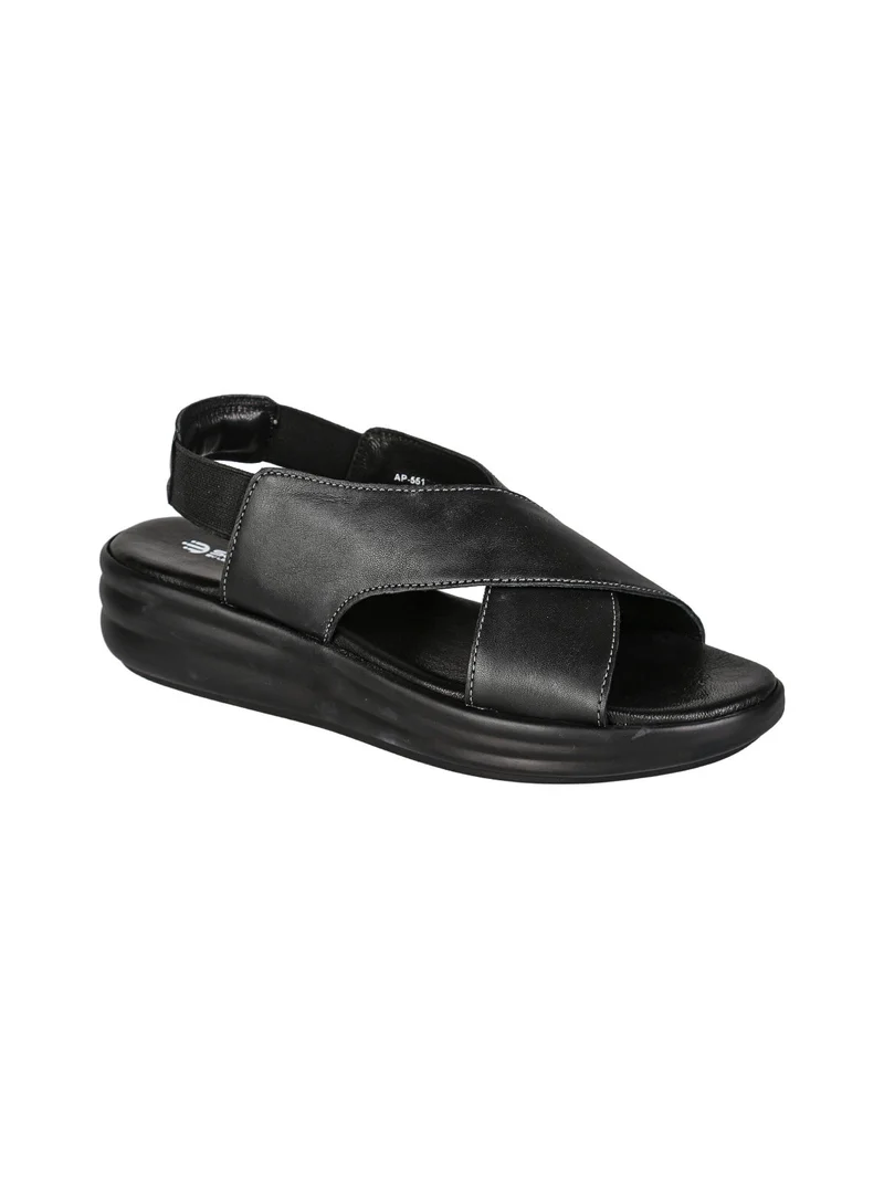Sandali in pelle da donna con cinturino elastico e zeppa - nero