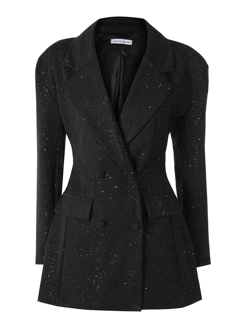 Blazer donna elegante con brillantini e chiusura a doppiopetto - nero