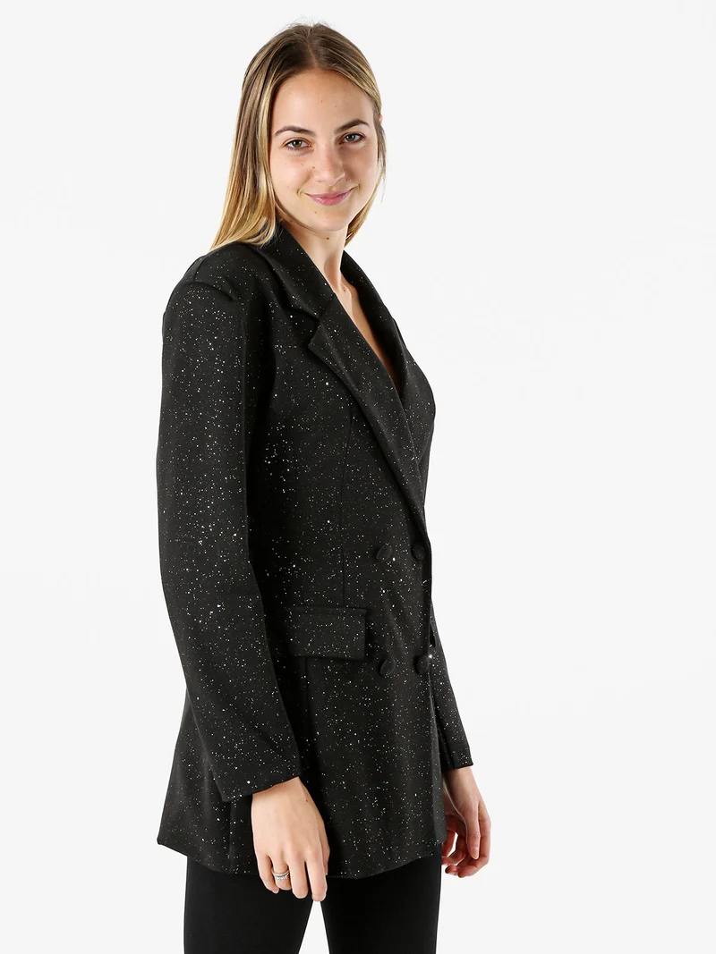 Blazer donna elegante con brillantini e chiusura a doppiopetto - nero