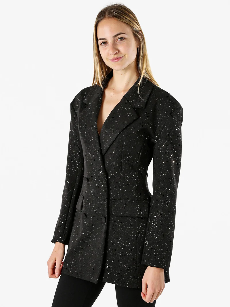 Blazer donna elegante con brillantini e chiusura a doppiopetto - nero