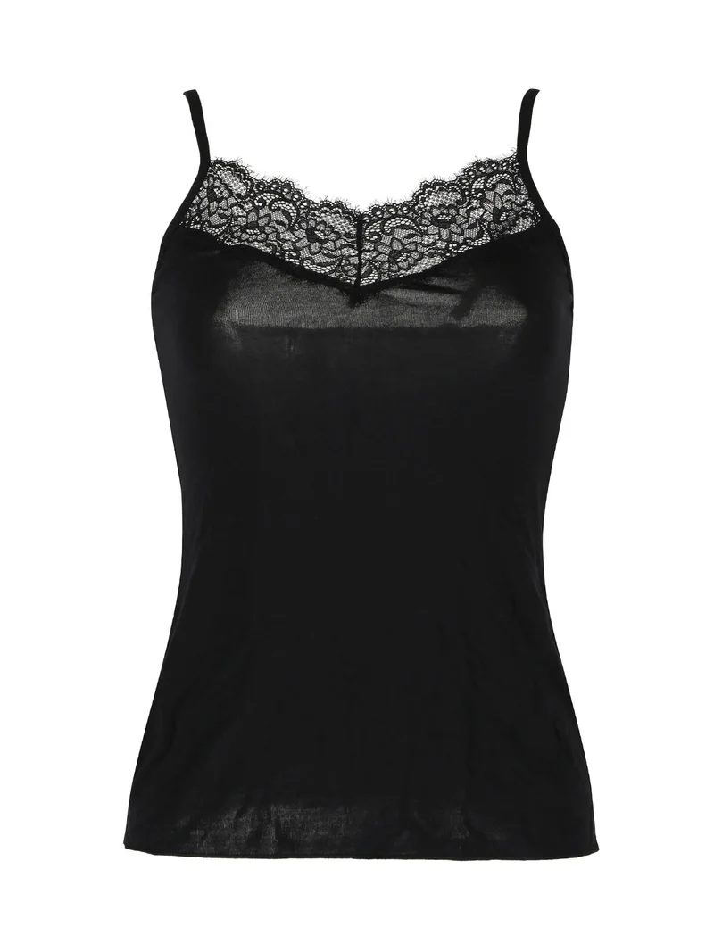 LUXURY P0715 Top donna in cashmere con pizzo e spalline sottili - nero