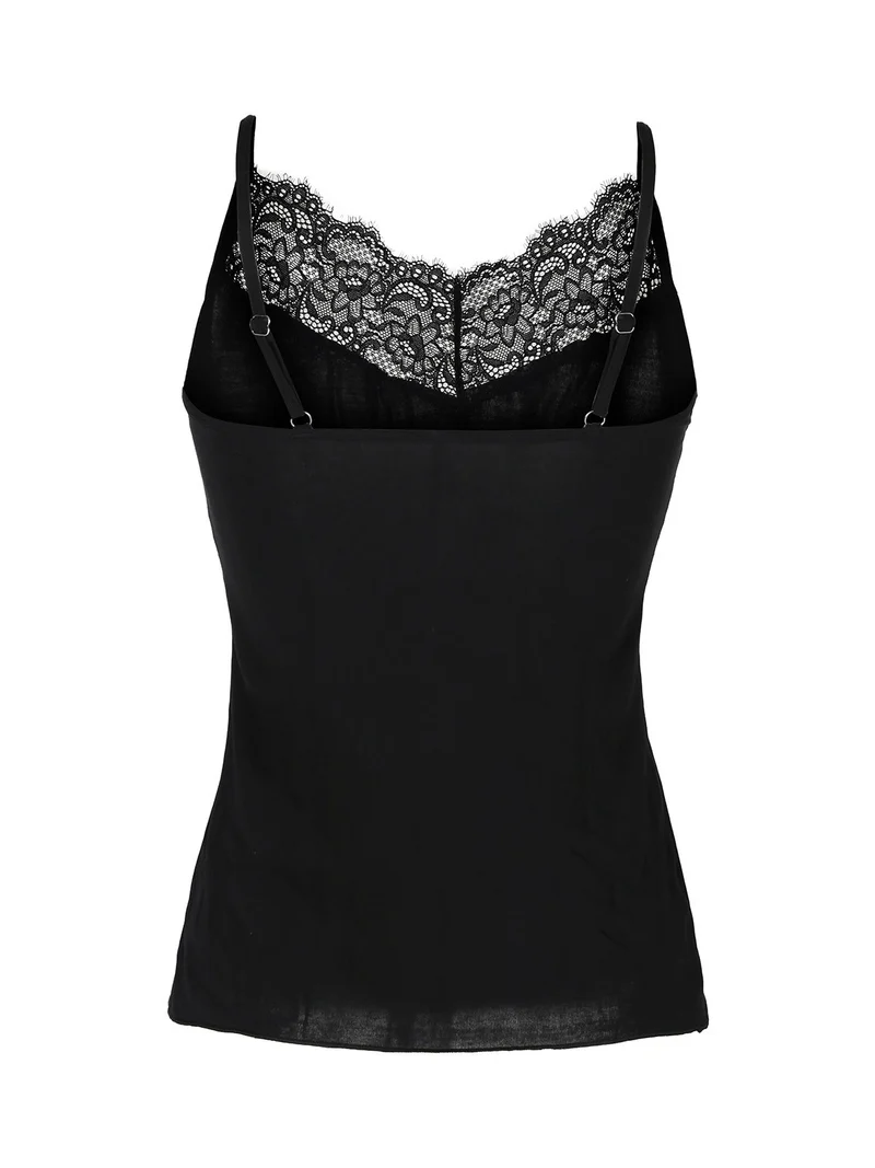 LUXURY P0715 Top donna in cashmere con pizzo e spalline sottili - nero