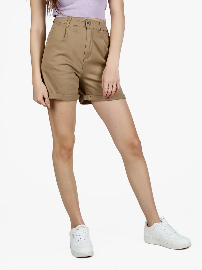 Shorts donna a vita alta in cotone - taupe