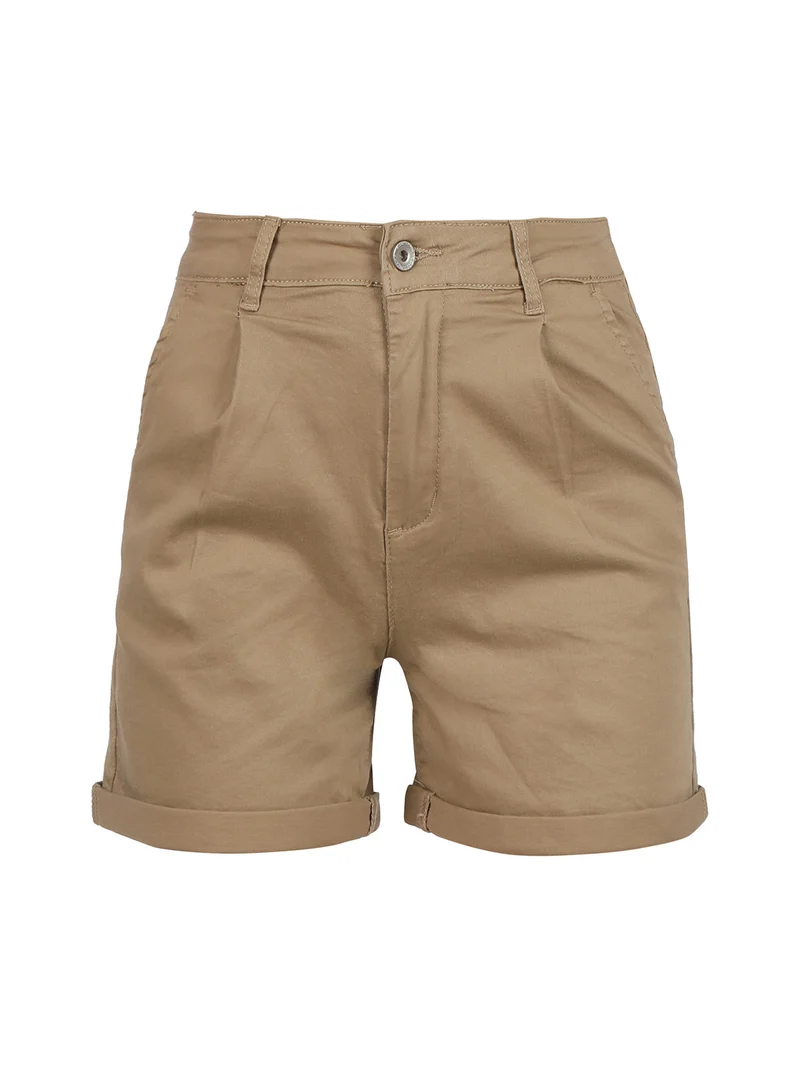 Shorts donna a vita alta in cotone - taupe
