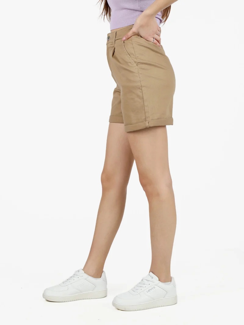 Shorts donna a vita alta in cotone - taupe