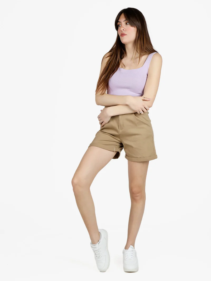 Shorts donna a vita alta in cotone - taupe