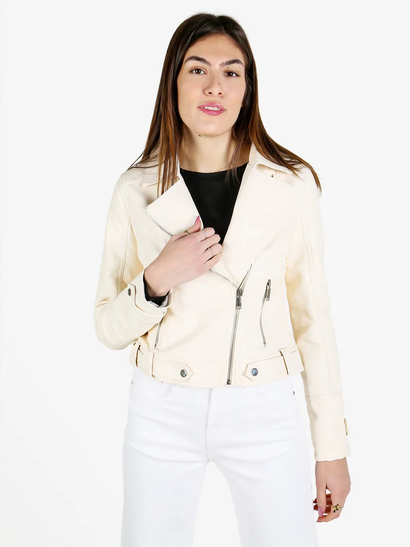 Giacca donna biker in ecopelle - beige