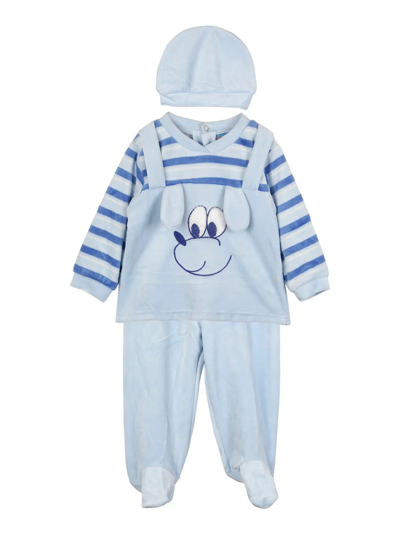 Completo lungo da neonato in ciniglia con accessori - azzurro
