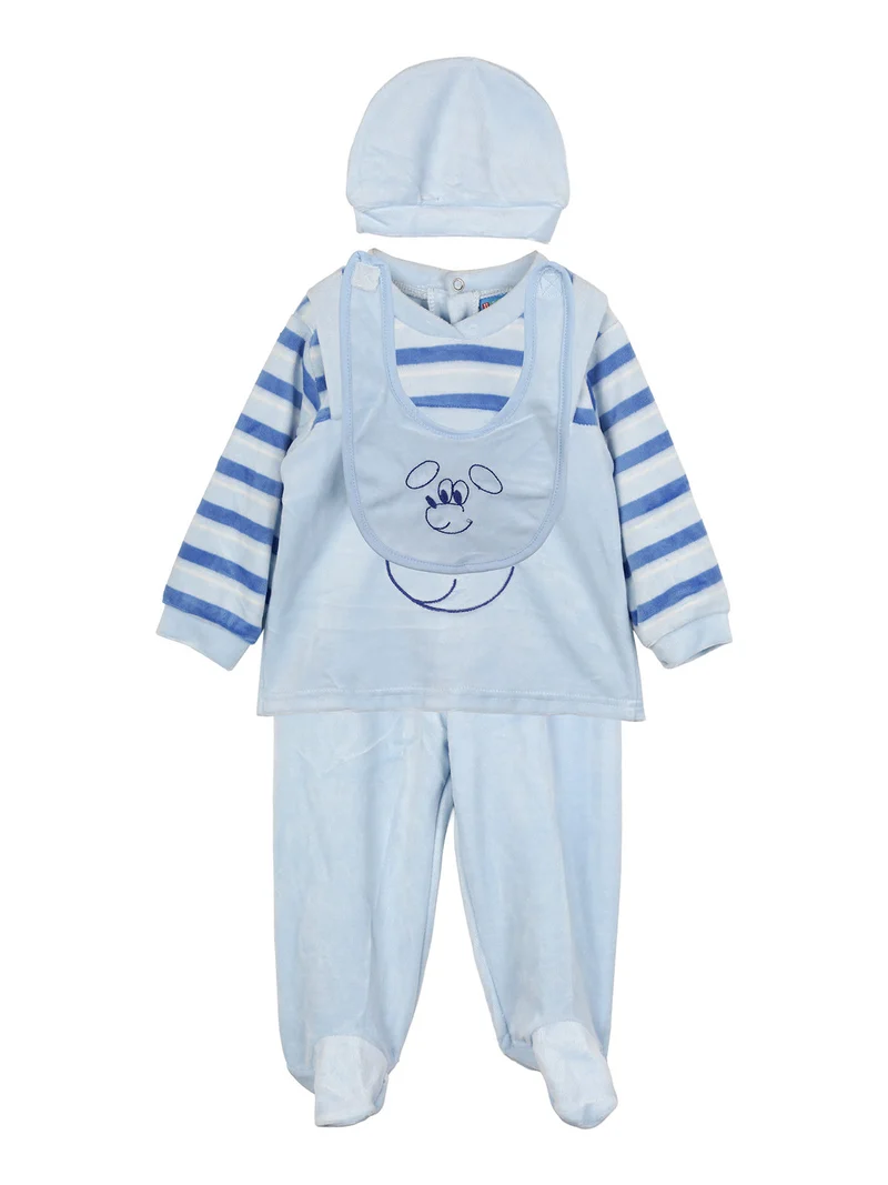 Completo lungo da neonato in ciniglia con accessori - azzurro