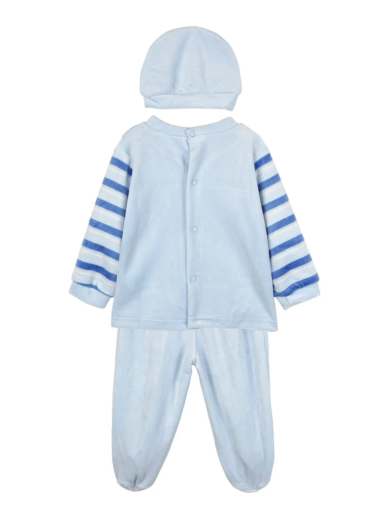 Completo lungo da neonato in ciniglia con accessori - azzurro