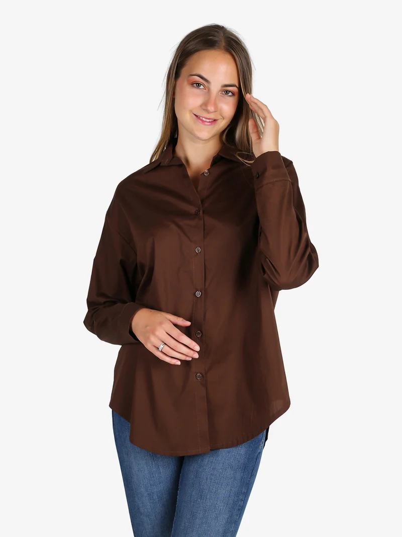 Camicia donna in cotone oversize a maniche lunghe - moro