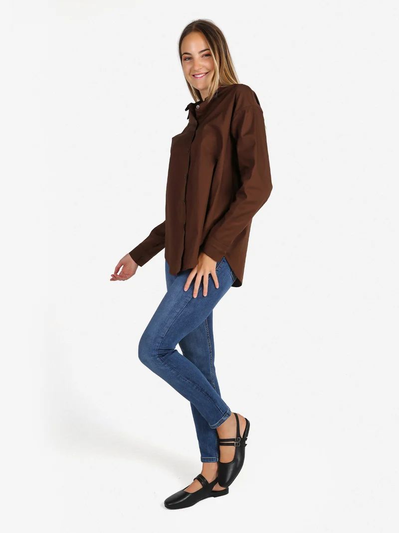 Camicia donna in cotone oversize a maniche lunghe - moro