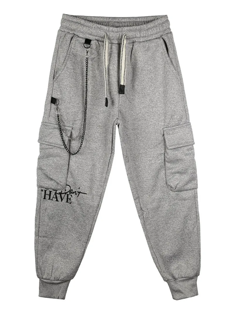 Pantaloni cargo da bambino con coulisse e catena decorativa - grigio