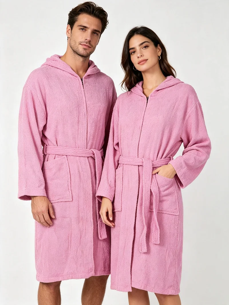 Accappatoio unisex in spugna di cotone con cappuccio - rosa