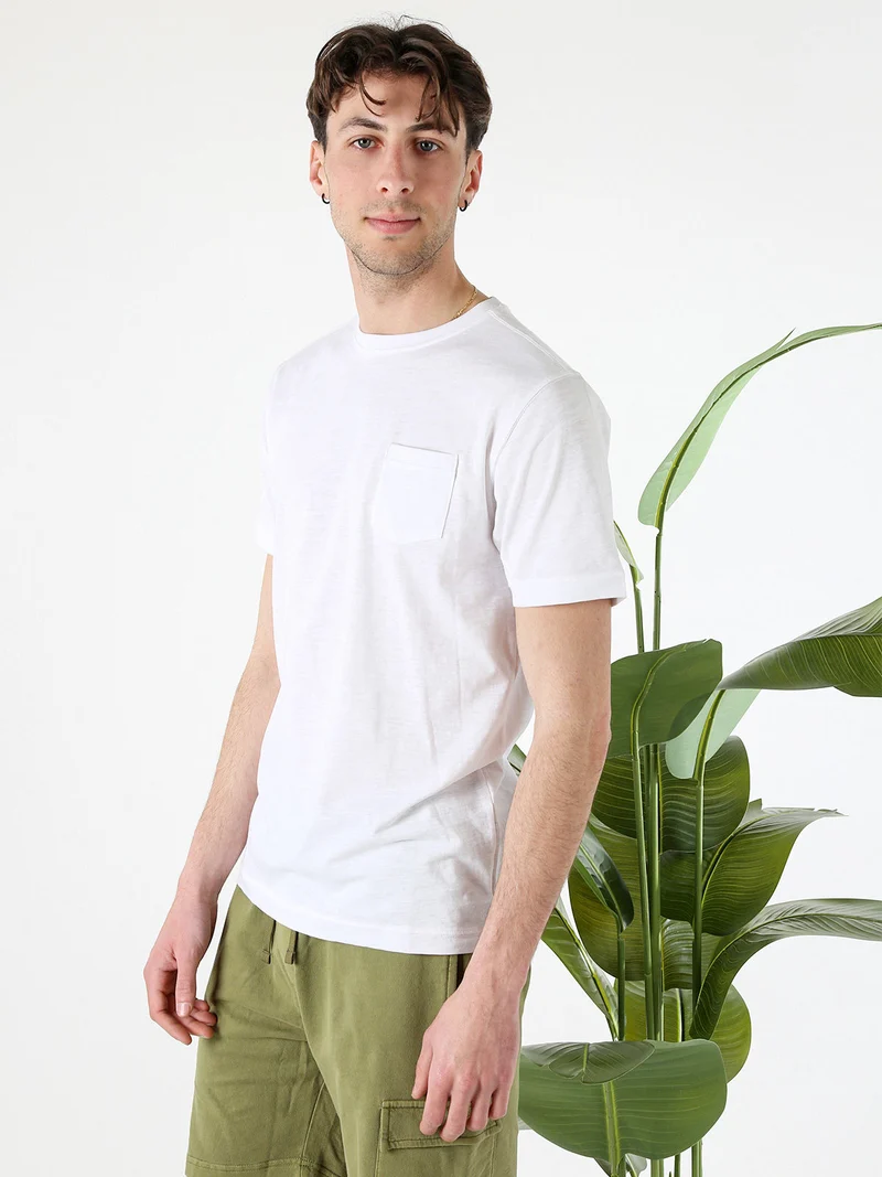 T-shirt girocollo in cotone da uomo con taschino - bianco