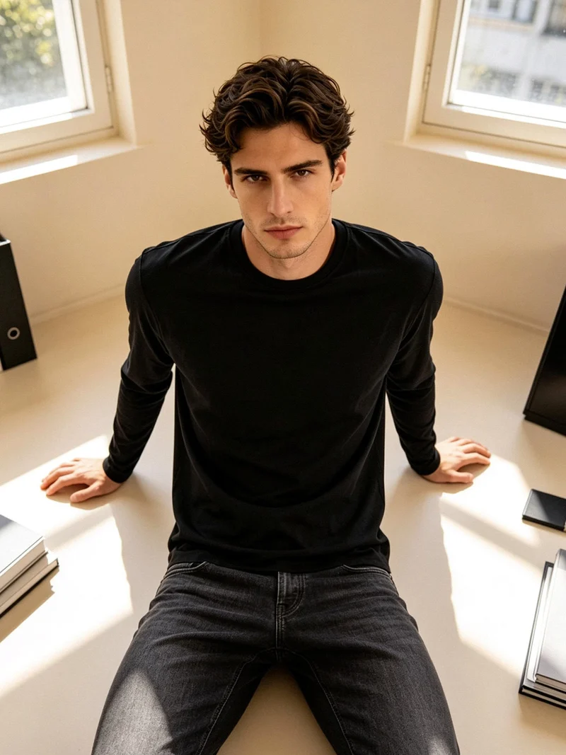 T-shirt intima da uomo a maniche lunghe in caldo cotone - nero