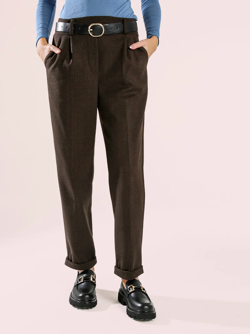 Pantaloni donna pied de poule con cintura e risvolto finale - moro