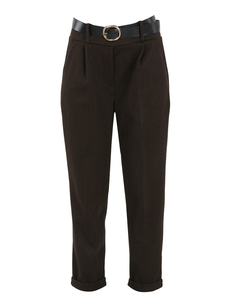 Pantaloni donna pied de poule con cintura e risvolto finale - moro