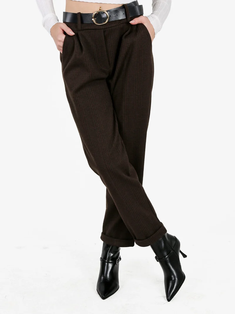 Pantaloni donna pied de poule con cintura e risvolto finale - moro