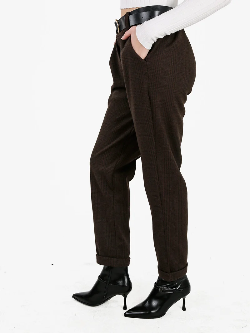 Pantaloni donna pied de poule con cintura e risvolto finale - moro