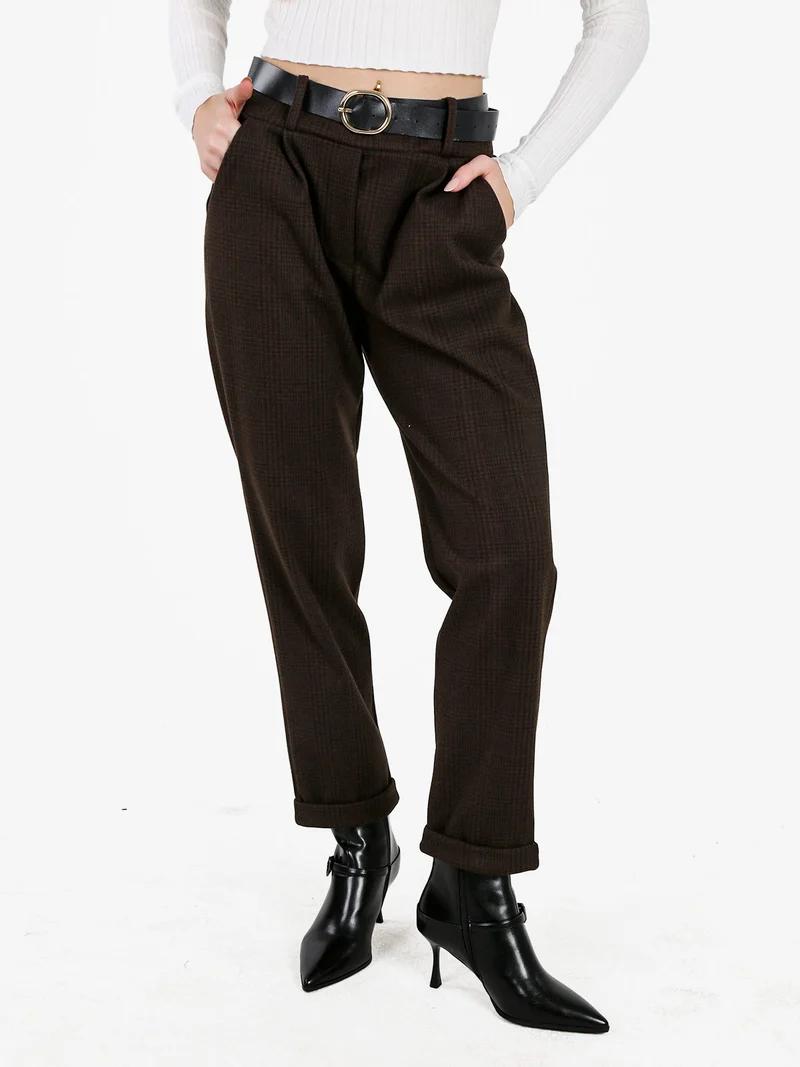 Pantaloni donna pied de poule con cintura e risvolto finale - moro