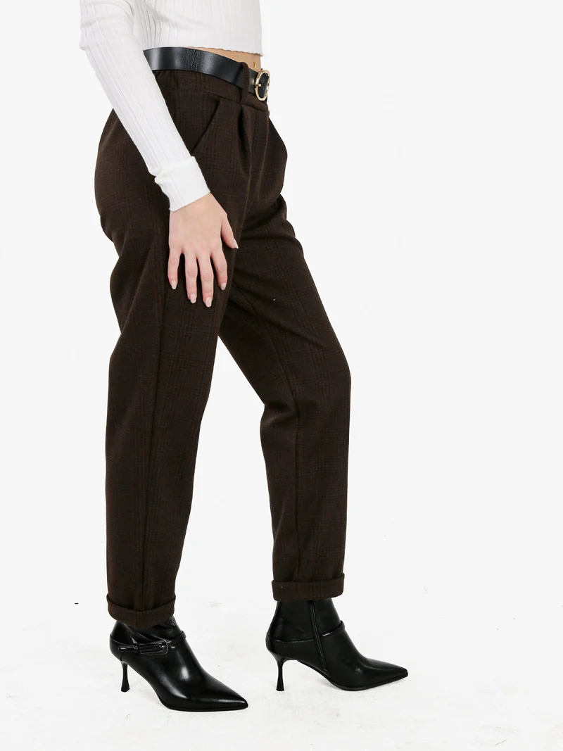 Pantaloni donna pied de poule con cintura e risvolto finale - moro